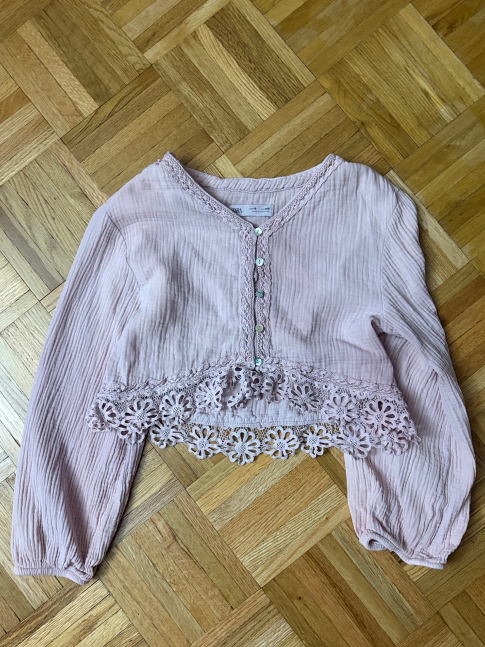 Zara - Lace Trim Top Long-Sleeve SOFT PINK - Girls Size 10
